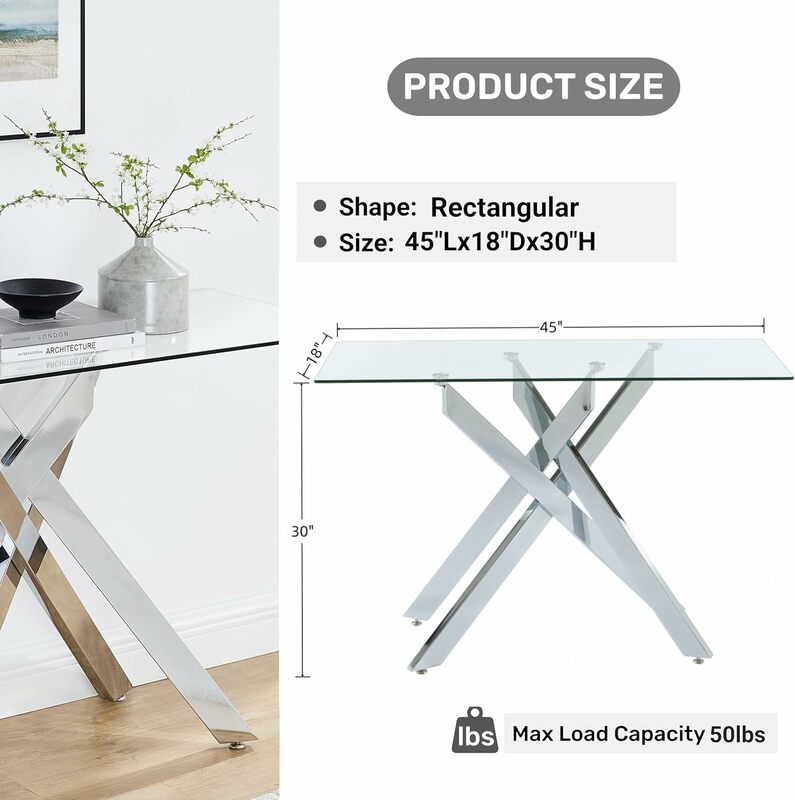 Modern Style Console Table Narrow Sofa Table with Tempered Glass Top and Metal Tubular Legs, 45" Lx18 Wx30 H, Silver