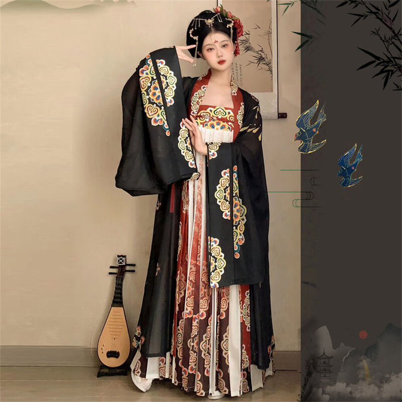 Vestido retrô feericamente chinês hanfu para mulheres, vintage antigo, estágio floral, traje de dança, festa festival, roupas tradicionais da dinastia Tang
