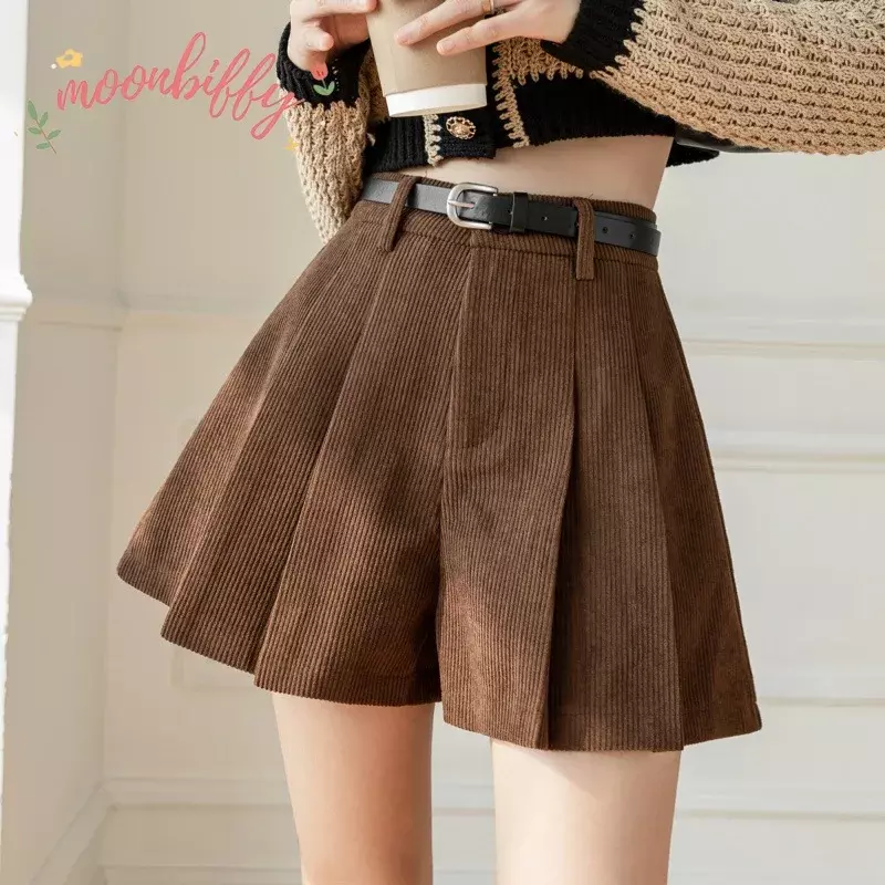 Autumn Winter Corduroy Pleated Women's Shorts with Belted Fashion High Waist Classic A-Line Short Trousers Female