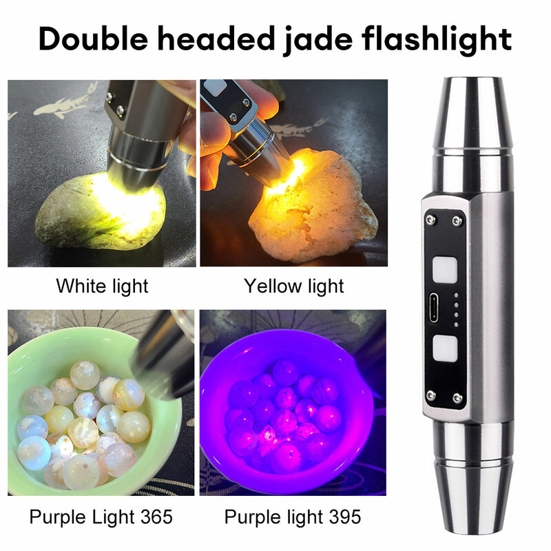 Double Head Jade Identification Light Rechargeable Gem Flashlight 6 Light Sources Detector Lamp UV Light for Emerald Jewelry