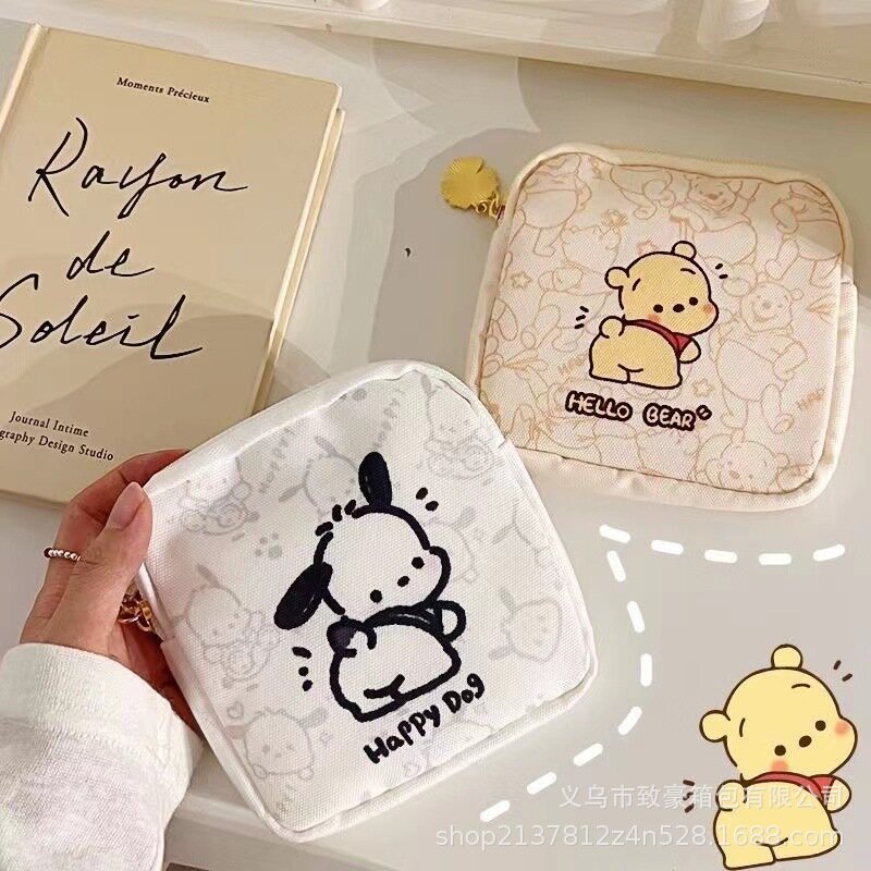 Sanrio Pochacco Cinnamoroll Sanitary Napkin Zipper Bag Coin Purse Anime Girl Student Portable Storage Canvas Cloth Wallet Gift