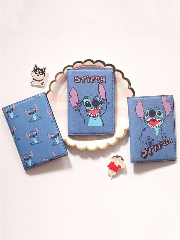 2023 Disney Stitch Passport Cover Blue PU Leather Travel Passport Holder For Men Function Business Card Case with 3 card holder