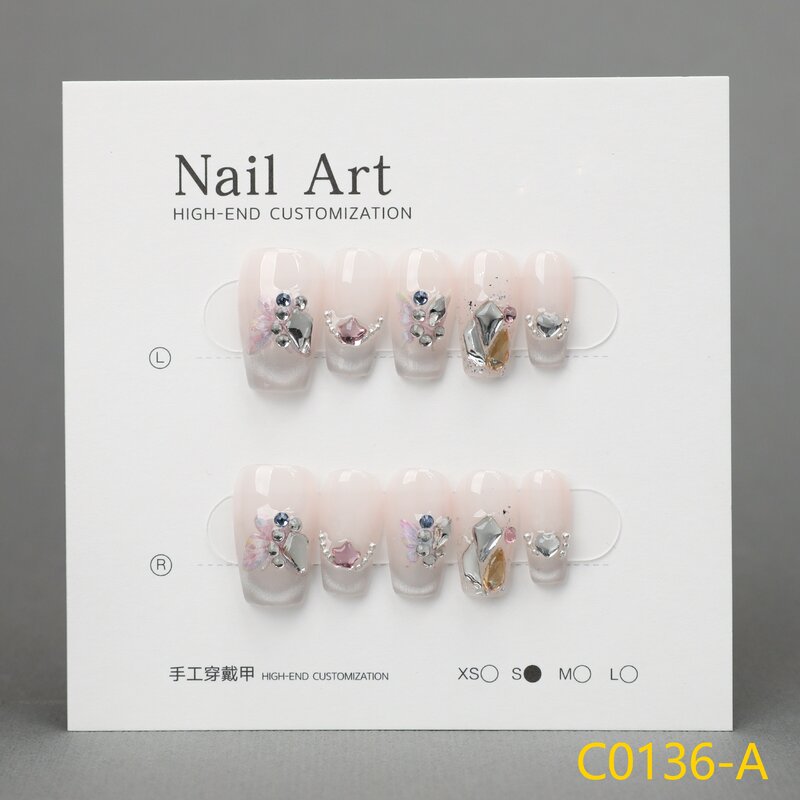 Medium Size High grade and elegant appearance, white handmade wearing armor, snowflake nail art finished product detachable nail