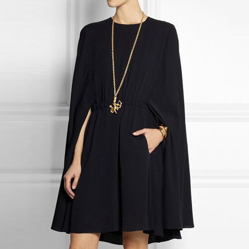 Yeezzi-Mini robe noire à col rond pour femme, robes décontractées vintage, style cape, solide, document, mode féminine, été, nouveau, 2022
