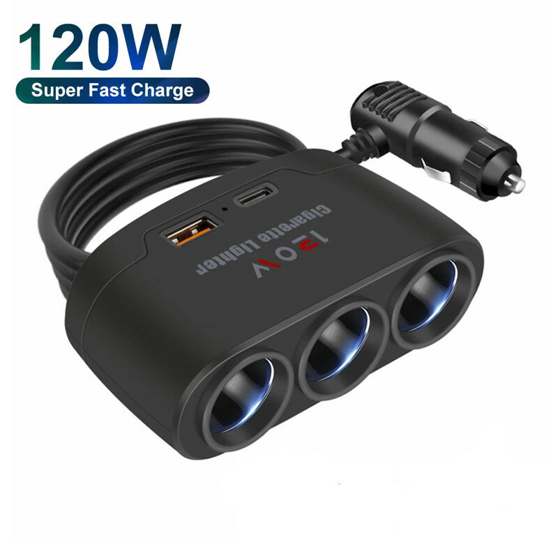 3 in 1 Dual USB Socket 120W Car Cigarette Lighter Splitter 12V 24V Fast Charger Plug Phone Power Adapter for Car DVR GPS Dashcam