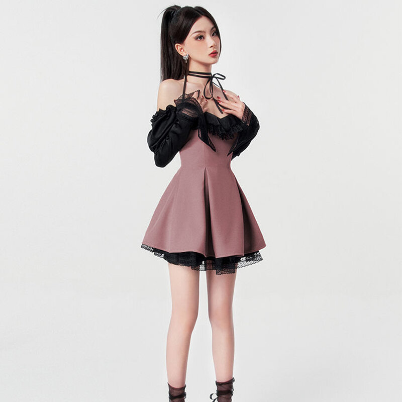 섹시한 뜨거운 여자 아이 의상 레이스 패널 긴 소매 핑크 메쉬 드레스, 여성 여름 새로운 고스 섹시한 슬림 클럽 파티 드레스 2023