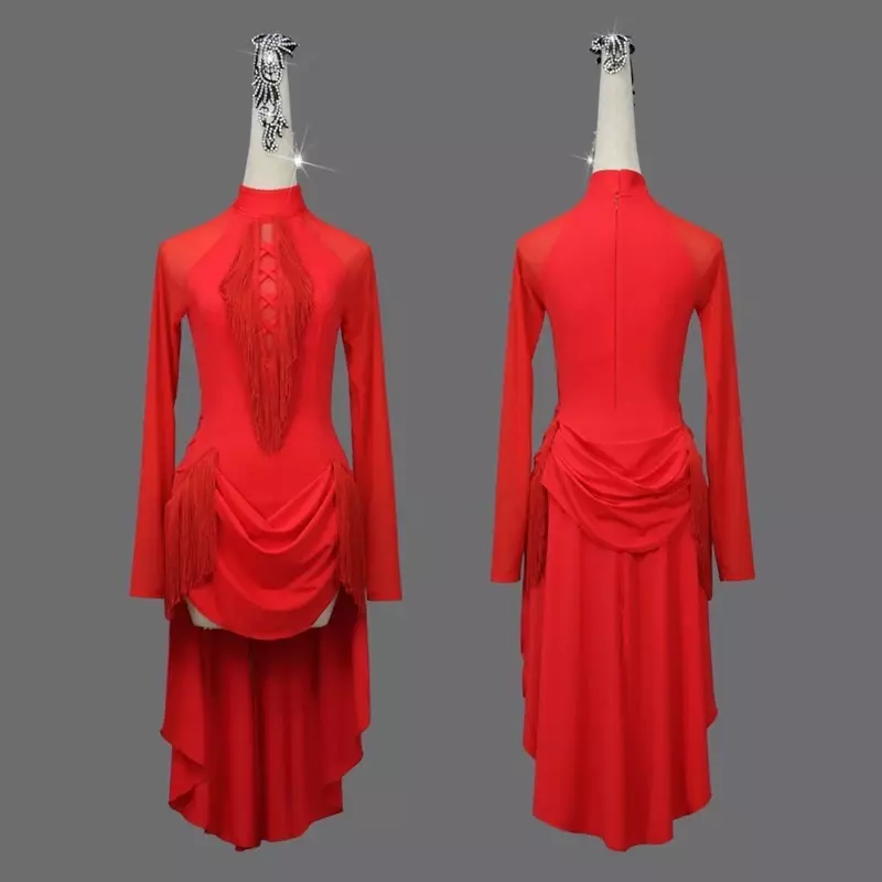 Vestido de dança latina sem alças feminino, saia curta para prática de salão, vermelho, competição profissional, roupas sexy para menina, 2024