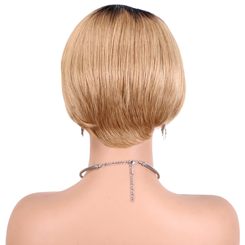 Pelucas de corte Pixie corto para mujer, pelo humano recto con encaje en T, corte Pixie, corte Sassoon, T1B/27, 180%