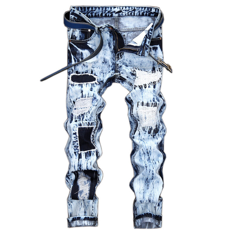 Jeans de moto plissés pour hommes avec trous, pantalons en denim décoratifs, bleu, blanc, rouge, vert, jaune, mode décontractée, fjj, nouveau, 2022