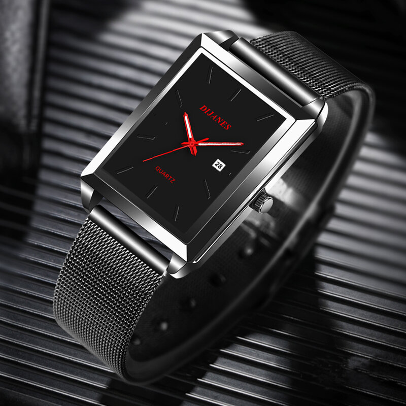 2023 moda męska zegarki dla mężczyzn prostokąt ze stali nierdzewnej pasek z siatki Wrist Watch Quartz człowiek zegarek skórzany w stylu Casual reloj hombre