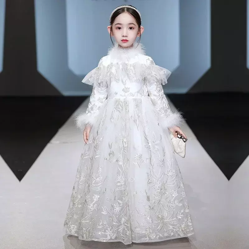 2024 Spring New Flower Girl White Fashionable Princess Dress Fluffy Gauze Girl's Birthday Dress Host Performance Dress