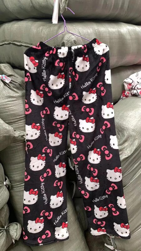 Sanrio Pijama feminino fofo dos desenhos animados, calça Anime Hello Kitty, flanela multicolorida, calça casual da moda doméstica, roupas de menina, presente