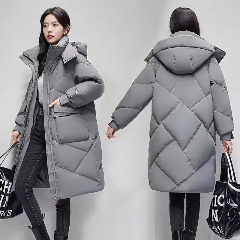 2023 Autumn Winter New Down Cotton Women's Mid length Over Knee Cotton Coat Korean Fashion Casual Loose Thicken Parka Coat Lady