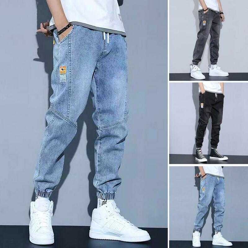 Winter Men Jeans Cozy Plush-lined Men's Jeans with Drawstring Waist Pockets for Autumn Winter Comfort Casual Loose Fit for Men