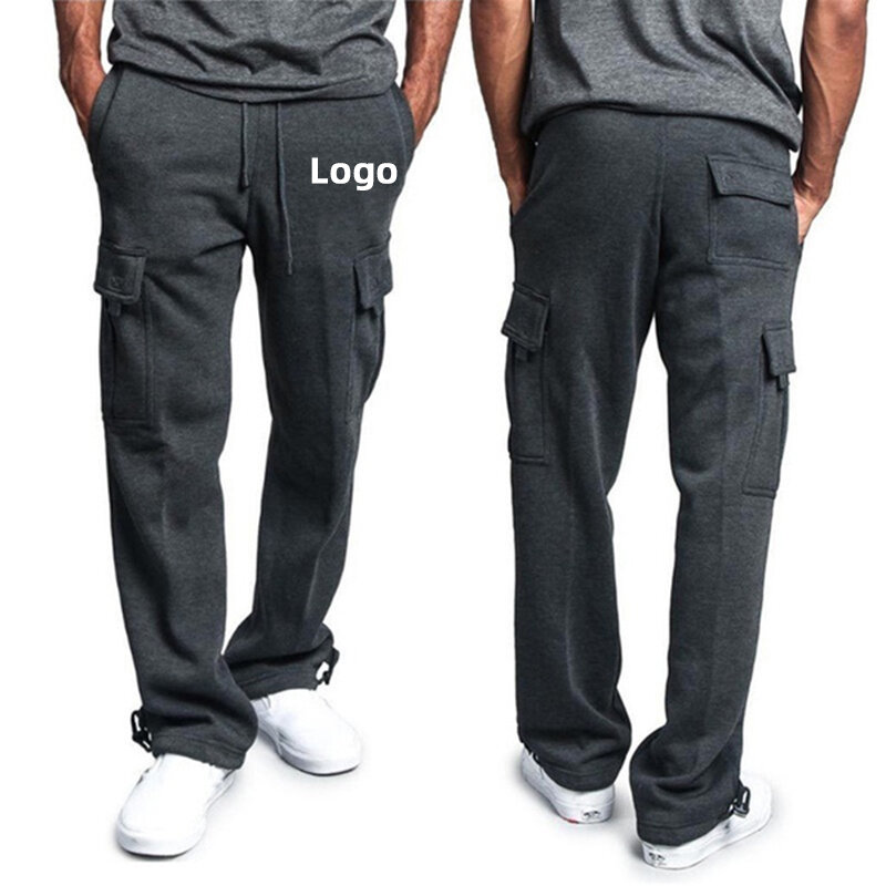 Customise your logo Men's Pants Solid Color Multi Pockets Baggy Pants Sweatpants Casual Trousers Elastic Waist Cargo Pants