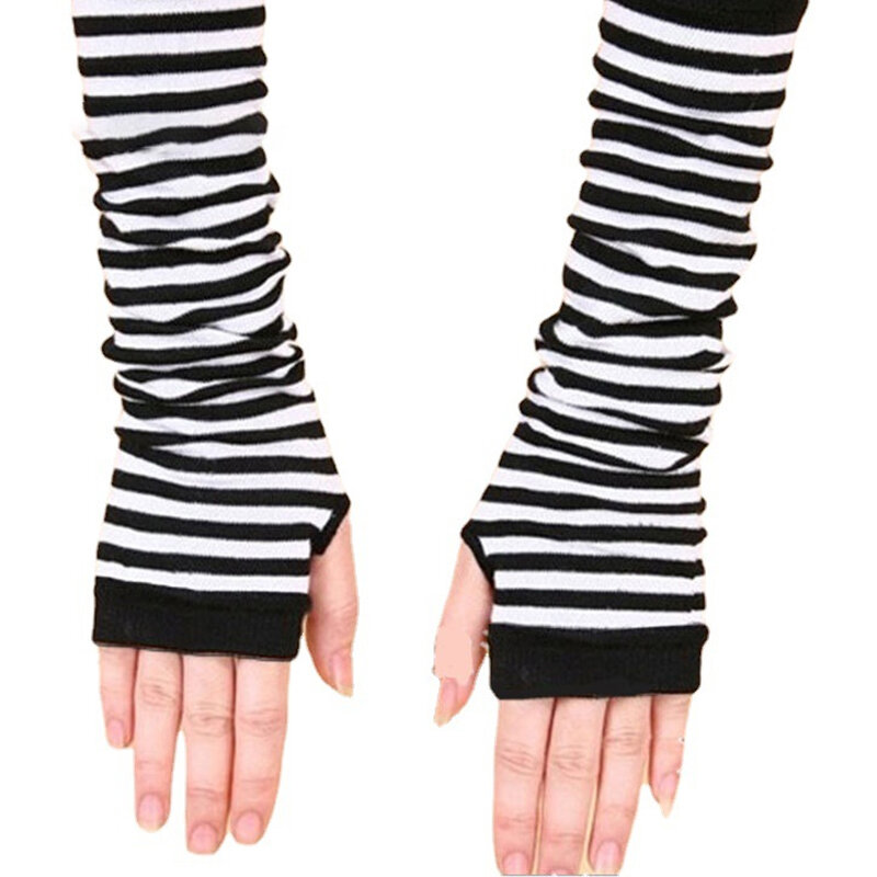 1 pasang sarung tangan siku Panjang tanpa jari, sarung tangan rajut penghangat lengan sarung tangan siku bergaris hitam dan putih klasik baru