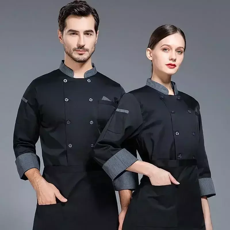Jaket seragam memasak pakaian kerja jaket lengan pelayan mantel kaus panjang hitam Restoran wanita Baker Hotel Logo koki
