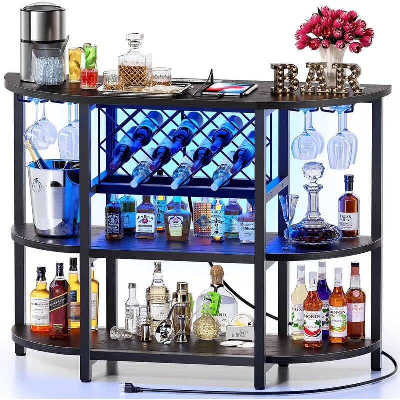 Stolik barowy szafka z listwa sieciowa, domowa Mini barowa szafka na alkohol, metalowa podstawka Bar winny z 4-poziomowym schowkiem, łatwa do wykonania