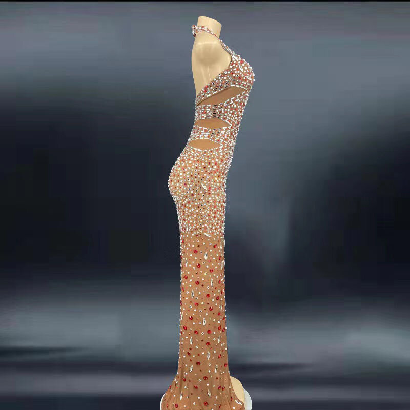 Personalizzato nuovo pizzo Sexy trasparente diamante perla paillettes piuma acqua diamante avvolgere Hip Dress abito lungo Performance Dress