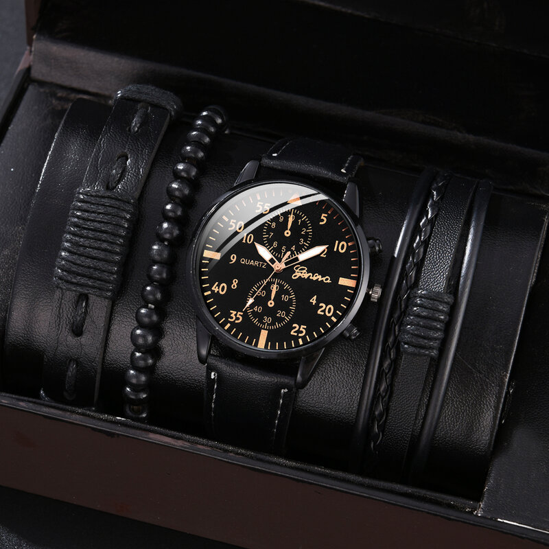 4Pcs ชุดนาฬิกาผู้ชายแฟชั่นสุดหรูออกแบบนาฬิกาหนังควอตซ์ผู้ชายของขวัญนาฬิกาข้อมือ Montre Homme Relogio Masculino ไม่มีกล่อง