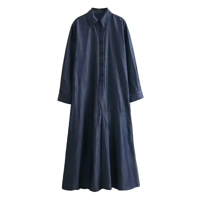 Robe mi-longue en denim mélangé pour femmes, style chemise, rétro, manches longues, boutonné, décontracté, mode, nouveau, 2024