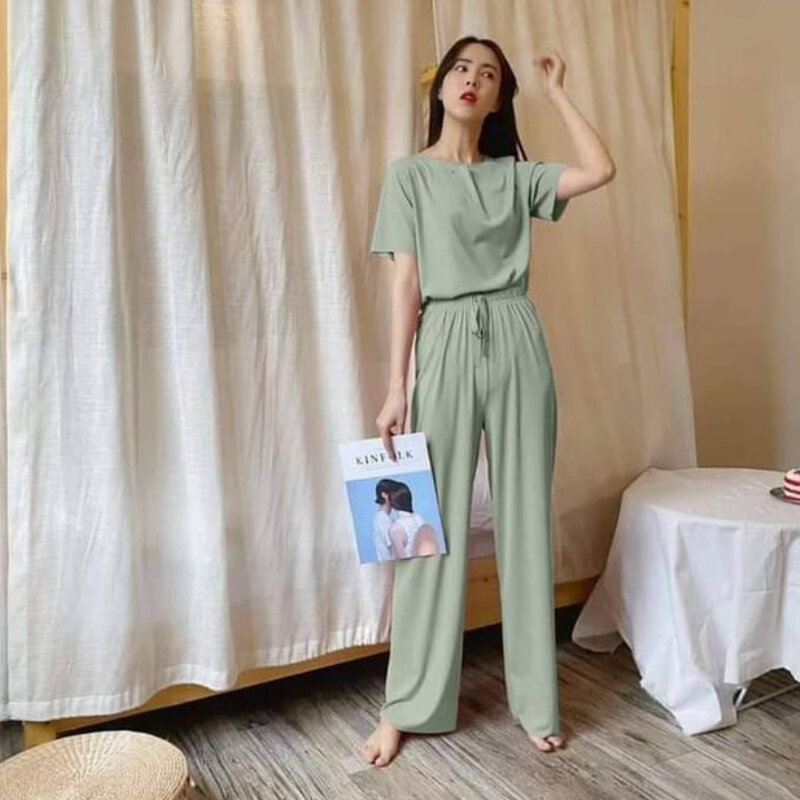 Summer Women Pajamas Sets Short Sleeve Tops Pants Two Pieces Loungewear T-shirt Trouser Sleepwear Soft Korean Chic Suit New