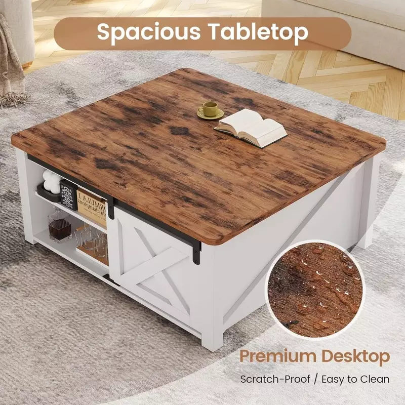 31.5 인치 리프트 탑 커피 테이블, 보관함 포함, 거실용 사각형 커피 테이블, 농가 커피 테이블