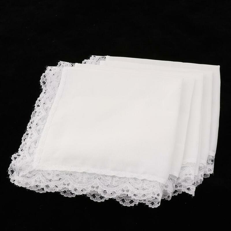 5 Pieces Ladies Embroidery Cotton Handkerchiefs Lace Border White Hanky for Wedding Party Banquet