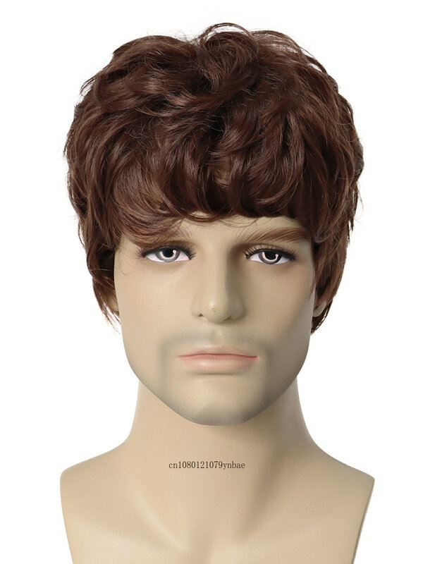Natural Wigs Short Haircuts Synthetic Hair Curly Brown Wig with Bangs for Men Male Heat Resistant Daily Costume Party Cosplay