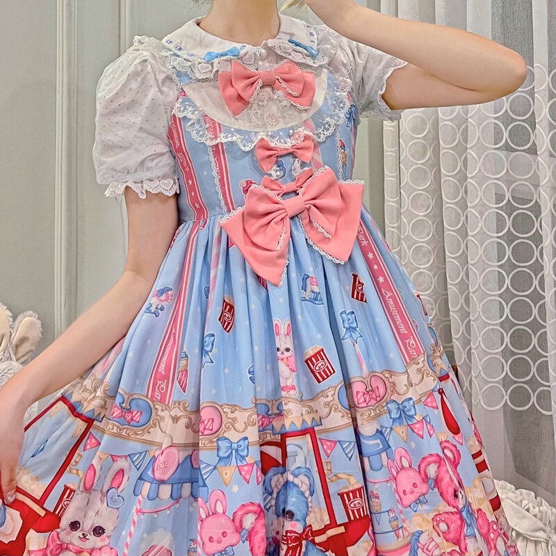 일본 카와이 로리타 Jsk 원피스 여성 달콤한 만화 프린트 멜빵 파티 드레스, 여성 여름 보우콘 서스펜더 원피스