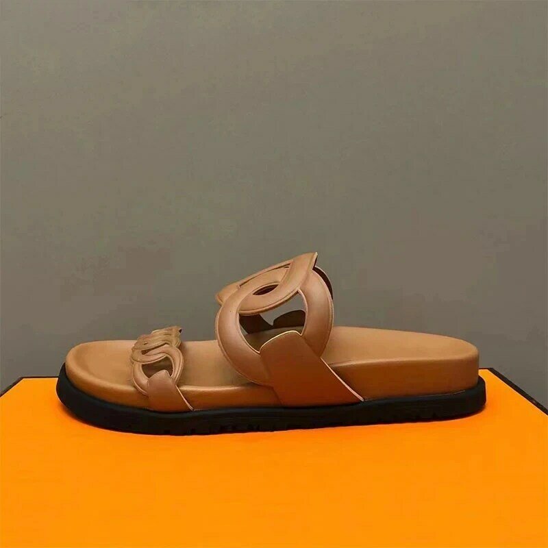 Sandali con gancio piattaforma diapositive in pelle di pecora pantofole piatte donna muli punta aperta suola spessa spiaggia fuori Sandalias Mujer