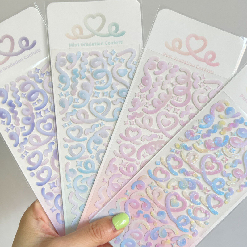 1Pc Korean Hot Gradient Heart Ribbon Laser Sticker Flakes Idol Card Deco Scrapbook DIY Material Decoration Stationery Stickers