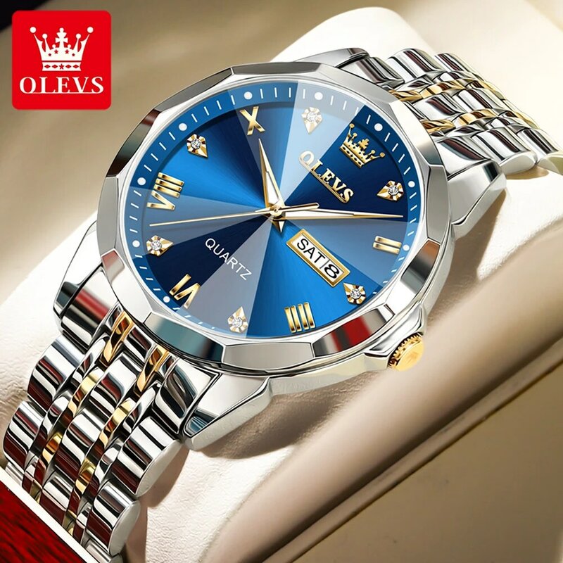 OLEVS 2024 New Business Quartz Watch for Men Week Calendar Luxury Waterproof Stainless Steel Strap Luminous Blue Men Wristwatch