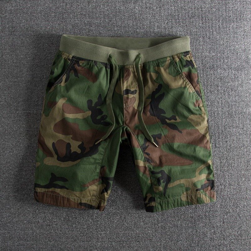 Shorts de algodão lavado angustiado masculino, camuflagem personalizada, elástico na cintura, verão
