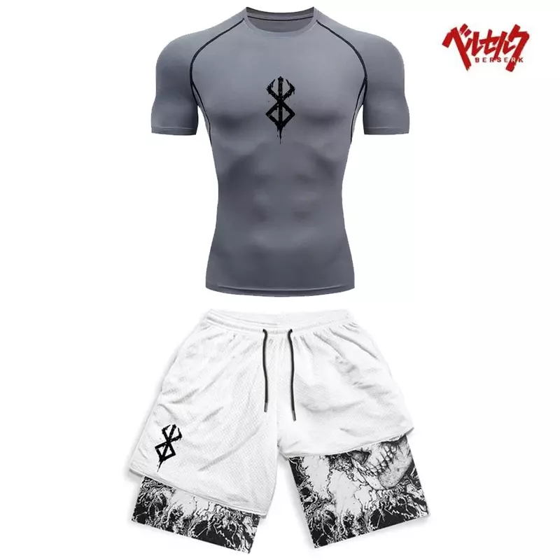 Set pakaian olahraga kompresi pria, baju kompresi cepat kering + celana pendek Gym 2 potong untuk olahraga Lari