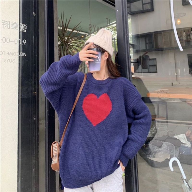 Winter New Sweet Heart Pattern Sweater Retro Harajuku Style Long Sleeve Pullover Loose Knitted Casual Sweater Korean Clothing