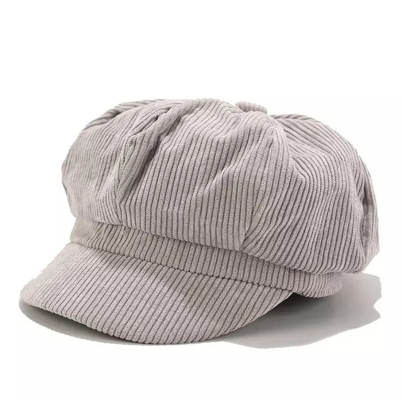 Topi korduroi hangat untuk wanita, topi baret korduroi oktagonal Korea Retro warna polos, topi pelukis Vintage musim dingin musim gugur, Aksesori Topi