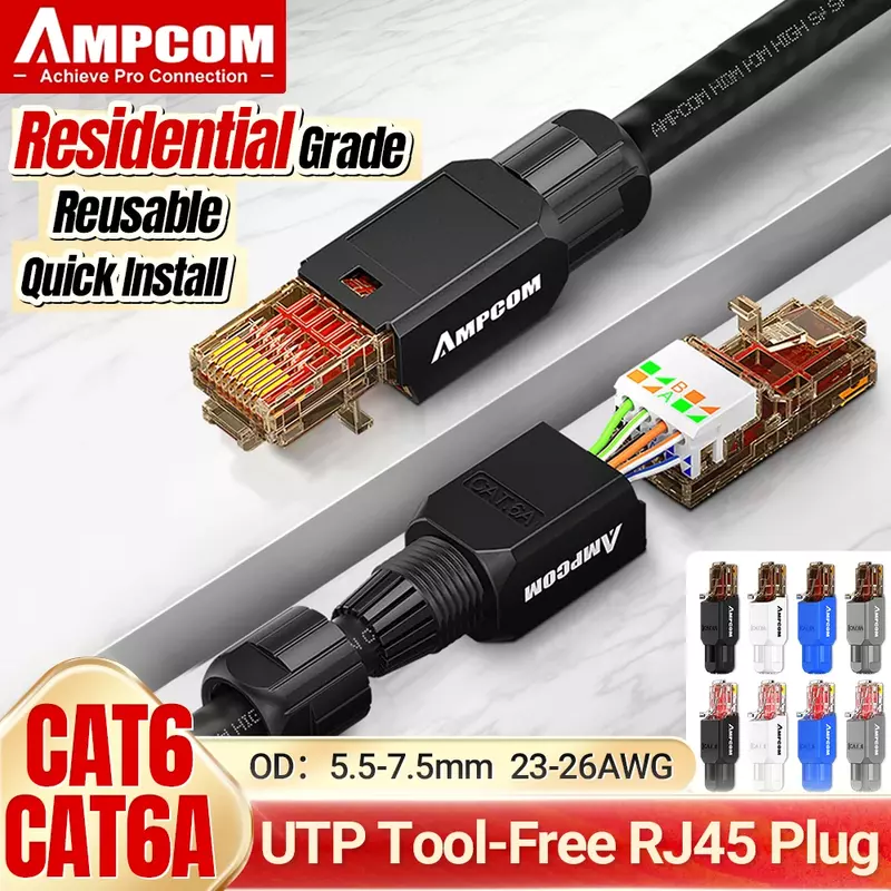 Connettore AMPCOM RJ45 Tool Free CAT6A CAT6 10Gbps UTP Field Plug modulare Tool spine Lan di terminazione riutilizzabili Ethernet gratuite