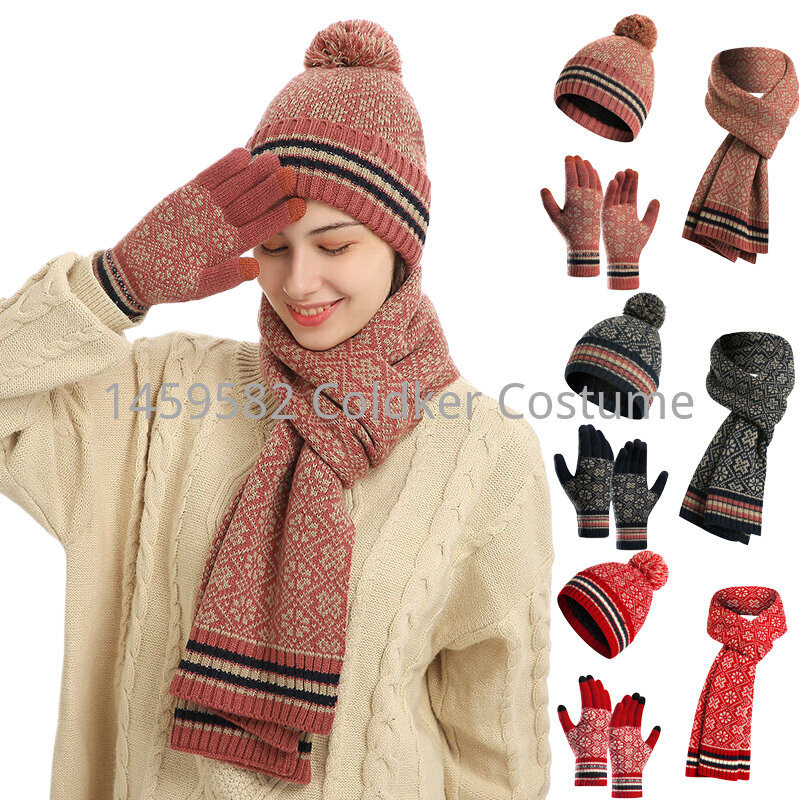 Conjunto de chapéu e cachecol feminino de malha quente, luvas touchscreen, cachecol longo, lenços macios, inverno