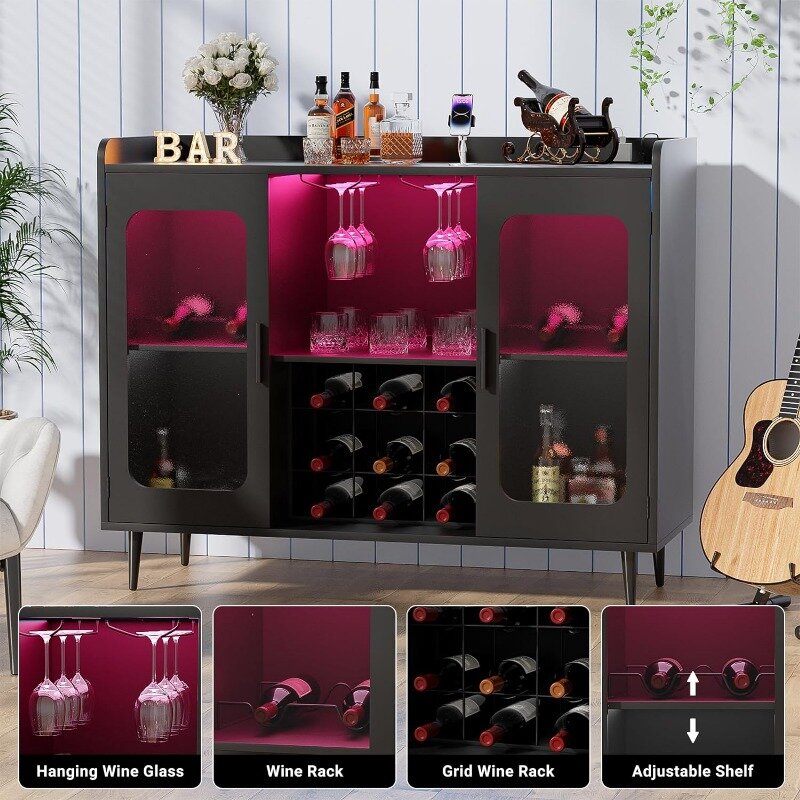 Hyomdeck-Barra de licor con toma de corriente y luz LED, armario de Bar de vino con estante para vino y copas, armario de Bar de café para el hogar