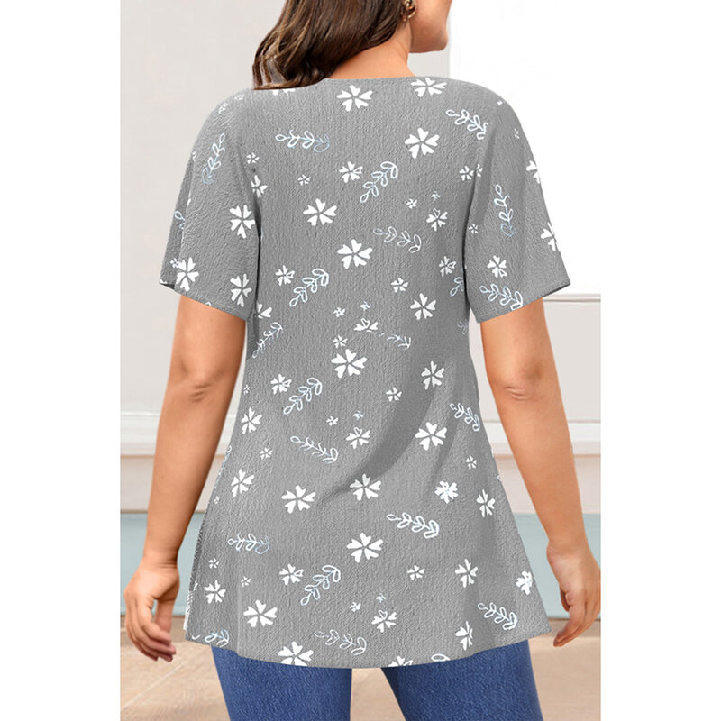 Plus Size Casual Szara lniana bluzka z kwiatowym nadrukiem i koronkowymi przeszyciami Dwuczęściowa bluzka