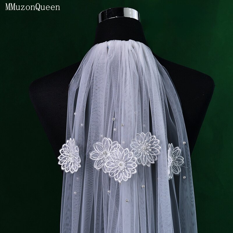MMQ M114 Bridal Veil With Pearl&flower Applique Deco Short Length 1 Layer Soft Tulle Comb Veil For Wedding Party novia 2024