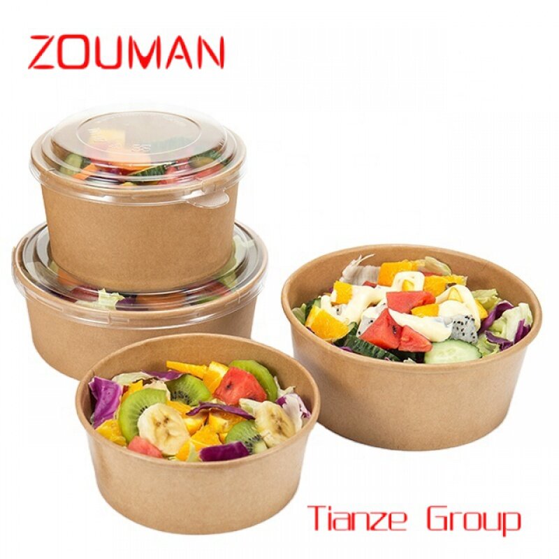 Custom , % Eco Friendly Biodegradable food Packaging Cup Bowl PLA PE coating Disposable Brown Round Kraft Paper Salad Bowl With 