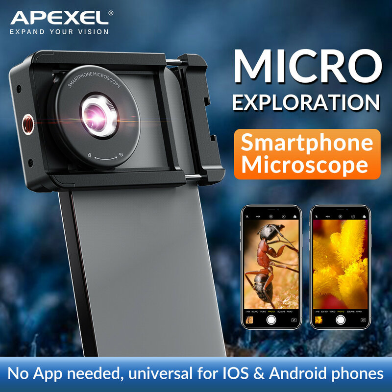 APEXEL-Lente Microscópio HD Portátil para Smartphones, 100X Lupa, Lente Telefone Macro com Filtro CPL, Clipe Universal
