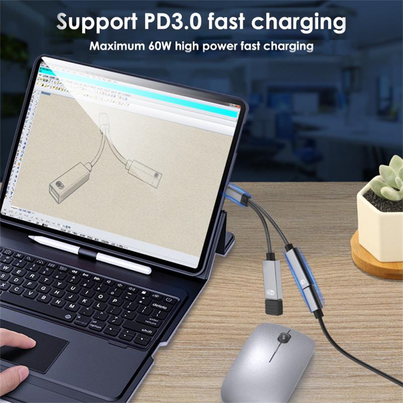 2 In 1 USB C OTG Cable Adapter Type C Male To USB C Female Charging Port 60W PD Fast Charging With USB Splitter Adapter