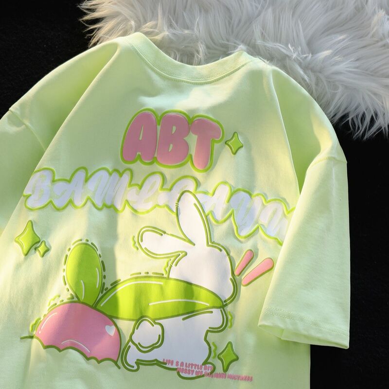 Kawaii curto-mangas compridas moda feminina estilo francês abacate verde dos desenhos animados coelho imprimir casal pequeno fresco outerwear camiseta verão