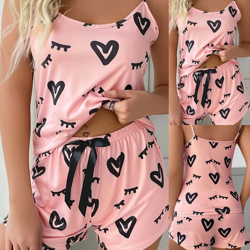Conjunto de pijama Sexy con estampado de corazón para mujer, ropa de dormir de 2 piezas, camisola de satén de seda y pantalones cortos, 2023