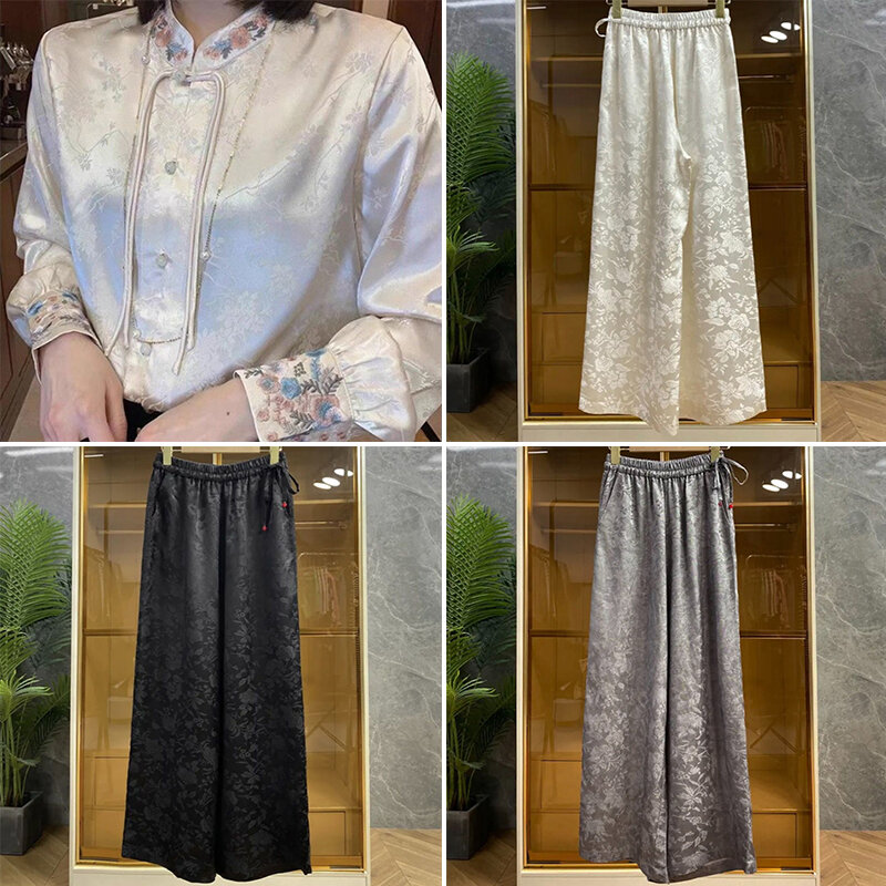 Chinese StyleFloral Embroidery Tops Blouse Women Spring Elegant Shirts Straight Trousers Soft Casual Loose Drape Wide-leg Pants