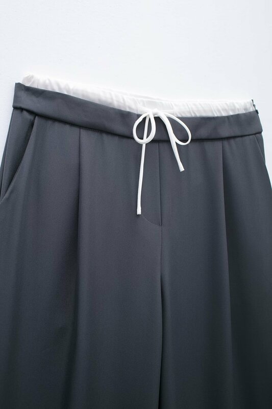 Dames Nieuwe Mode Geplooide Splicing Design Losse Casual Wijde Pijpen Retro Elastische Taille Zijzakken Dames Broek Mujer