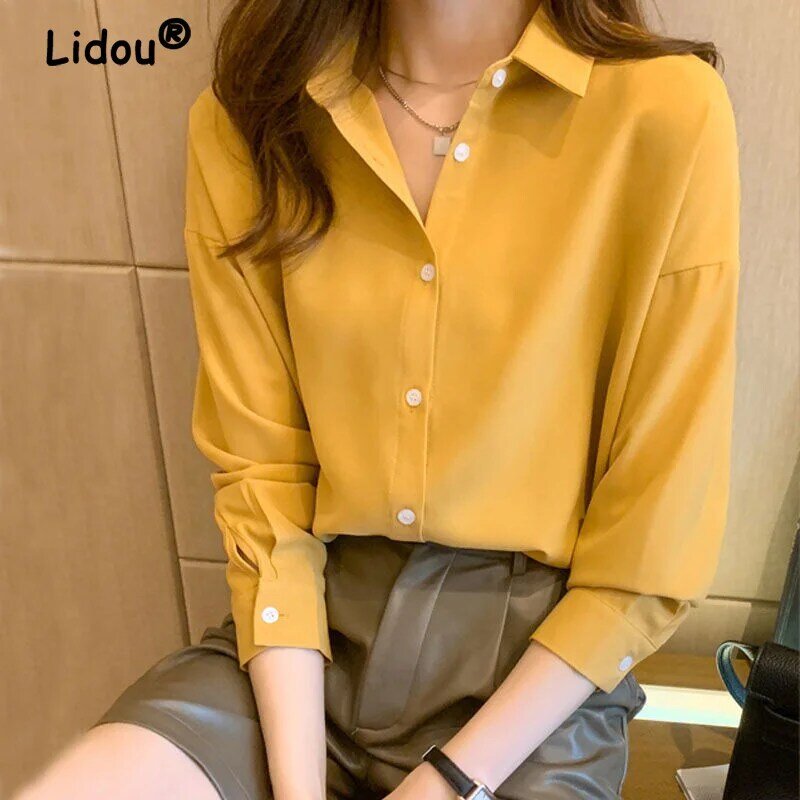 Fashion Solid Color Single-breasted Blouse Women New Classic Long Sleeve Office Polo Collar Casual All-match Lady Shirt 2022